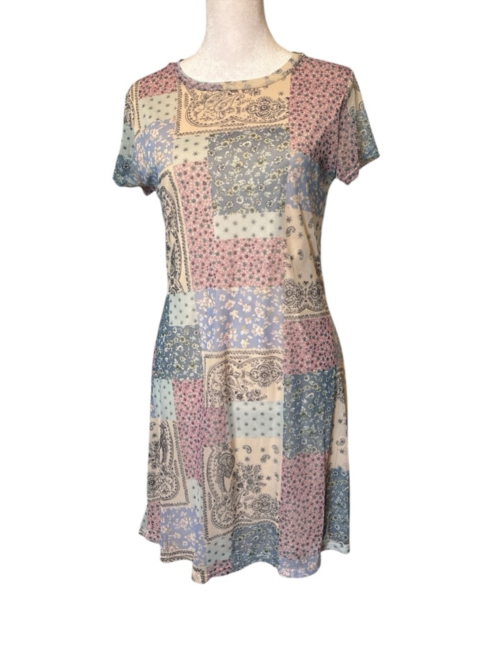 Altar'd State Patchwork Paisley Mini Dress in Blue, Pink & Cream